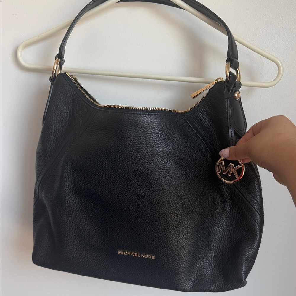 Michael Kors Black Pebbled Leather Shoulder Bag with Gold Hardware
